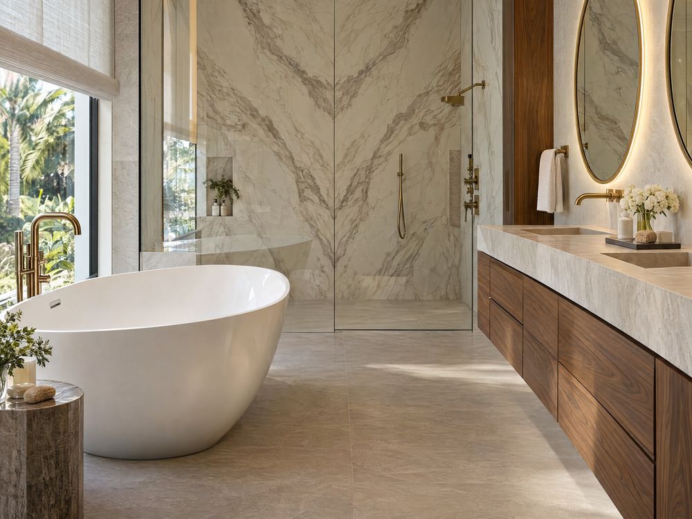 Spa-style bathroom remodel with walk-in glass shower