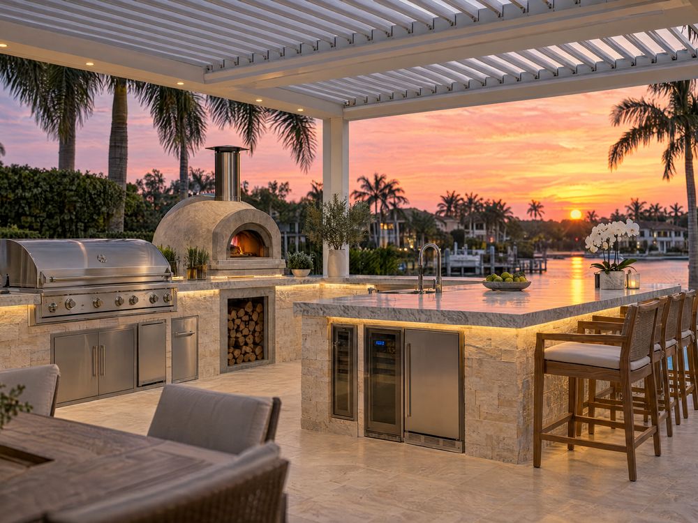 Outdoor kitchen with built-in grill and stone counters